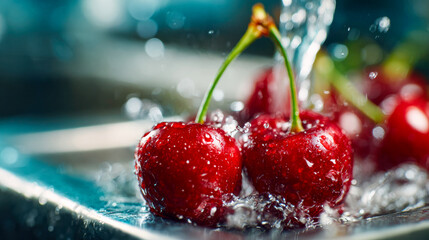 Fresh red cherries covered in water droplets, sitting in a metal strainer with sparkling highlights