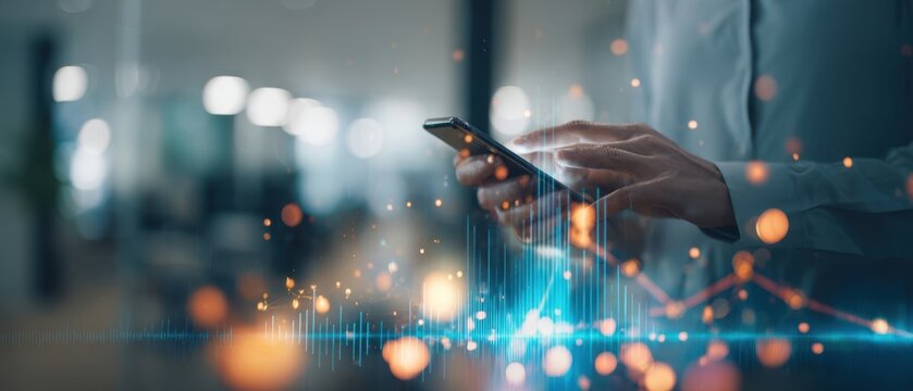 The smartphone user interacting with futuristic data visualizations and glowing network overlays