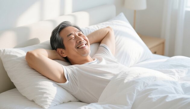 Smiling mature Asian man relaxing in bright white bed with arms behind his head