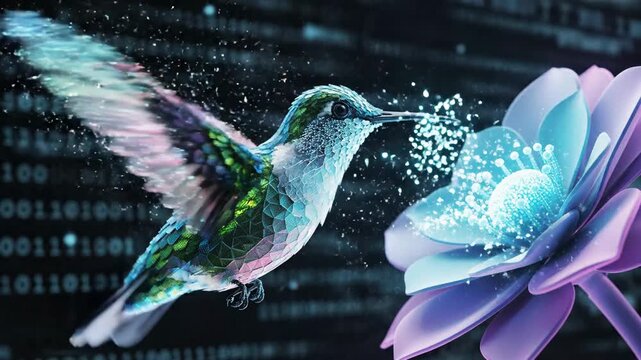 Digital hummingbird hovering near glowing flower abstract illustration