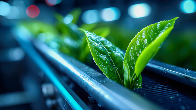 Fresh wet green tea leaves traveling on a conveyor belt in a modern processing facility with bright blue lighting