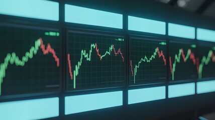 An ambient close-up shot of a clean, futuristic financial interface showing multiple screens displaying dynamic line graphs with significant market volatility