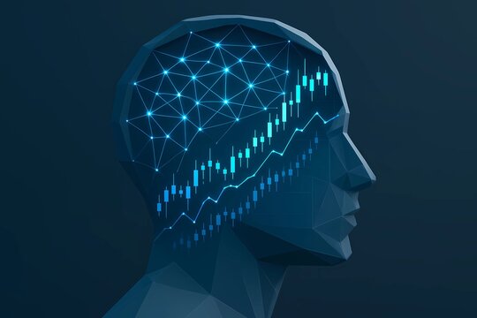 A dark, minimalist 3D render of a geometric human head profile in deep blue tones. The inner brain is replaced by a glowing blue neural network