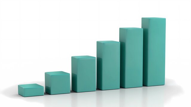 A clean, minimalist 3D rendering of a bar chart showing a sharp, successful upward trend on a pure white background