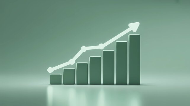 A minimalist 3D rendering of a clean, stylized bar chart with a smooth progression of increasing height