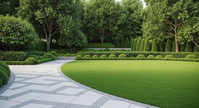 Lush manicured garden with stone path and green lawn