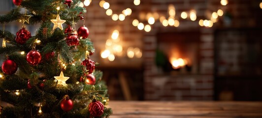 The Christmas tree in cozy living room with glowing fireplace and bokeh lights