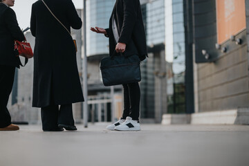 Obraz premium Three colleagues stand on a modern city sidewalk, engaging in conversation. One carries a black bag and wears sneakers, while others wear dark coats.