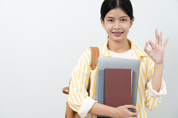 Portrait beautiful Asian woman student. Smile girl happy study. Thinking college campus. young female on international Asia University. Education, study, school, learning, exam