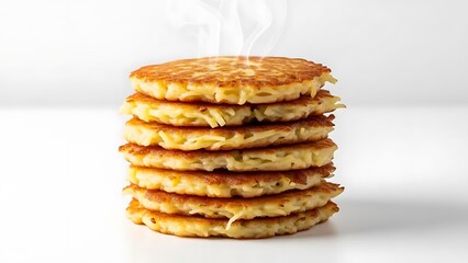 Stack of golden brown potato pancakes with steam rising on a white background latkes hash browns