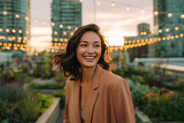 Carefree smiling woman on rooftop at sunset with string lights and city skyline — golden-hour portrait of urban lifestyle joy