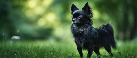 The Chihuahua Standing in Lush Green Grass with Soft Bokeh Background