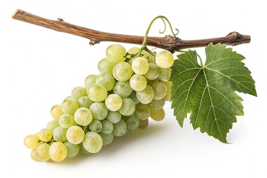 Green grapes cluster with leaf isolated on white background Nice