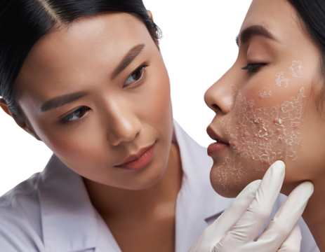Dermatologist examining womans face with skin problem isolated on transparent background - Powered by Adobe