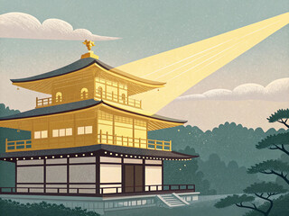 Golden light hitting temple top in flat color