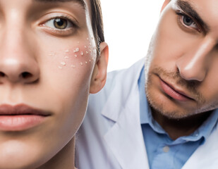Dermatologist examining young patients face with acne spot treatment isolated on transparent background
