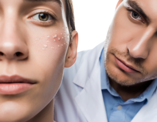 Dermatologist examining young patients face with acne spot treatment isolated on transparent background