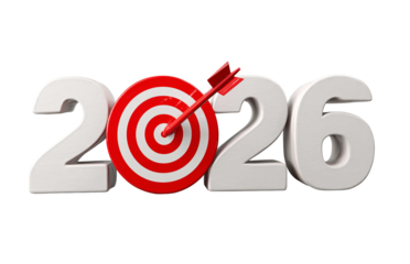 3 D 2026 text with target and arrow isolated on a transparent background