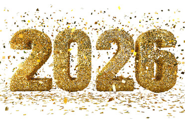 Golden 2026 Text with Confetti isolated on a transparent background