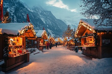 a romantically illuminated Christmas market in the evening with many stalls in deep snow