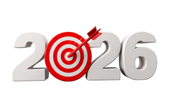 3 D 2026 text with target and arrow isolated on a transparent background