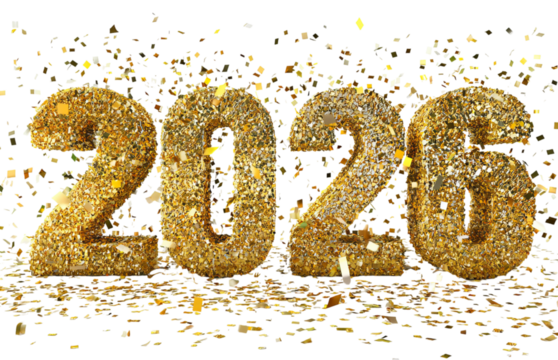 Golden 2026 Text with Confetti isolated on a transparent background - Powered by Adobe