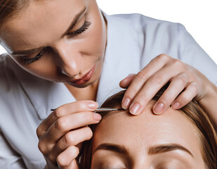Dermatologist examining patient scalp with trichoscope tool for hair loss isolated on transparent background