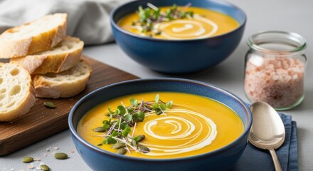 Creamy Squash Soup with Toasted Bread and Microgreens