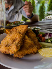 Breaded fried schnitzel with salad on outdoor restaurant table