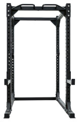Black metal power rack station for heavy weightlifting training on a transparent background
