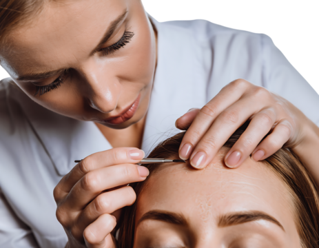 Dermatologist examining patient scalp with trichoscope tool for hair loss isolated on transparent background