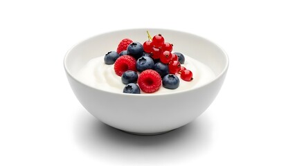 White bowl of creamy yogurt topped with fresh blueberries raspberries and red currants