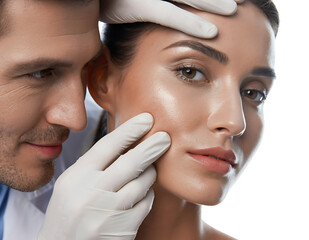 Dermatologist examining womans face with gloved hands isolated on transparent background