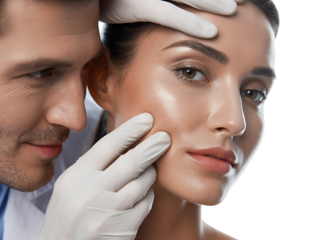 Dermatologist examining womans face with gloved hands isolated on transparent background