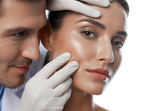 Dermatologist examining womans face with gloved hands isolated on transparent background