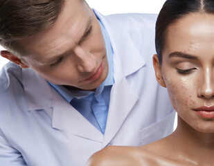 Dermatologist examining womans face with acne and skin problem isolated on transparent background