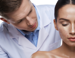 Dermatologist examining womans face with acne and skin problem isolated on transparent background