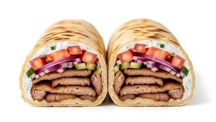 Two halves of a gyro wrap with meat tomatoes onions and cucumber on white sandwich food