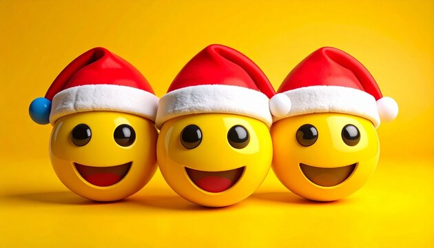 Three smiley emojis in Santa hats on yellow background.