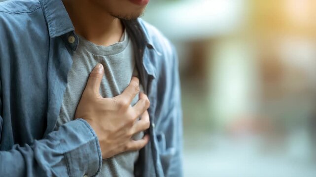 hand hold chest with heart attack symptoms, man working hard have chest pain caused by heart disease, leak, dilatation, enlarged coronary heart, press on the chest with a painful expression