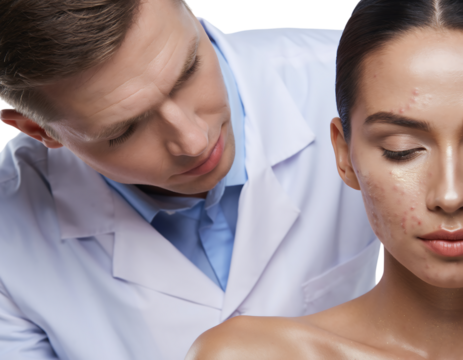 Dermatologist examining womans face with acne and skin problem isolated on transparent background