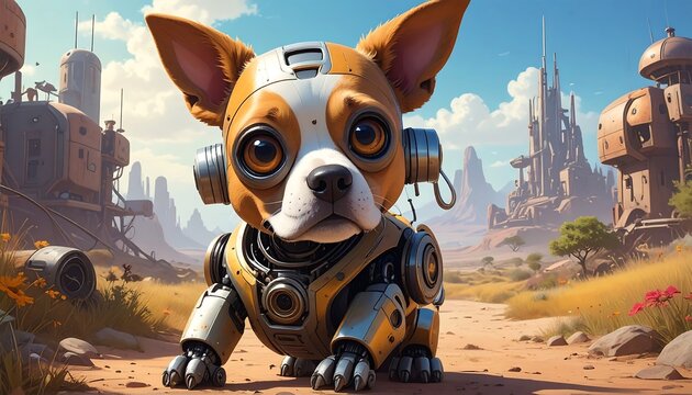 Futuristic dog in a robotic suit against a desert landscape with alien structures