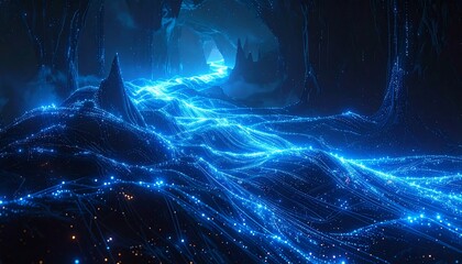 Futuristic digital landscape with luminous blue lines and abstract cave scenery