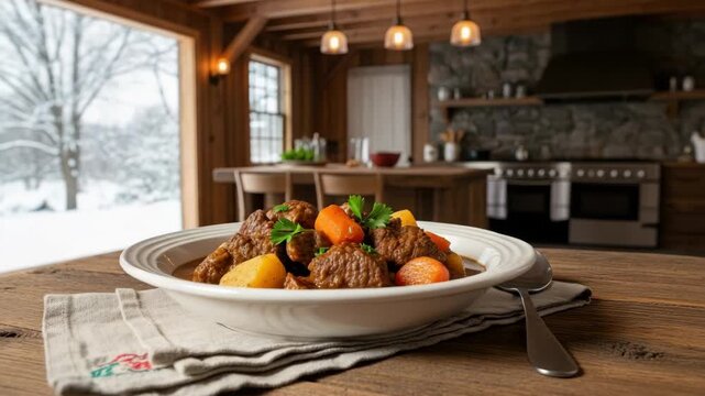 Hearty stew served on rustic table near window