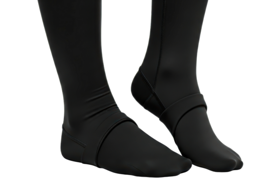 Pair of human legs wearing black elastic compression socks on a transparent background