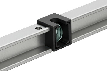 Industrial linear slide rail with a roller bearing carriage on a transparent background
