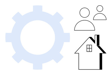 Gear symbol with two user profiles and a house outline, representing teamwork, home improvement, innovation, efficiency, collaboration, decision-making, and strategy. Clean flat metaphor