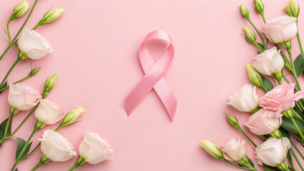 Pink ribbon surrounded by pale roses on a light pink background for breast cancer awareness campaign