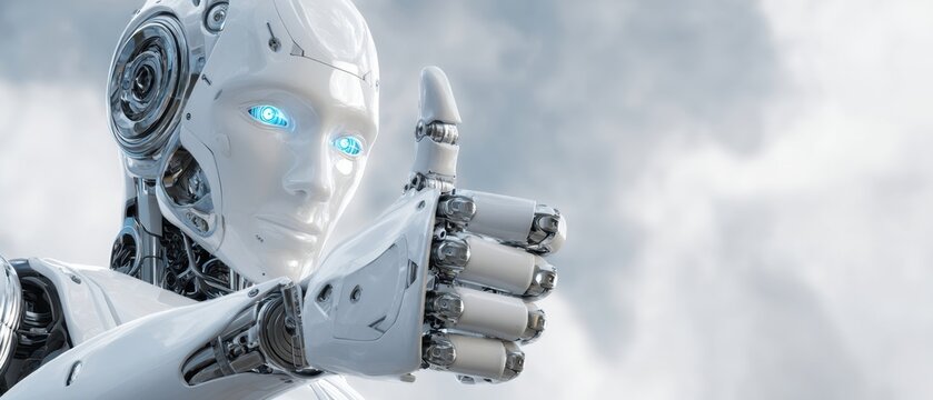 The Robot Giving a Confident Thumbs Up Against a Cloudy Sky