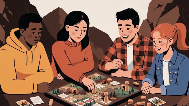 Group Of Friends Enjoying Board Game Fun and Strategy Together, Illustration
